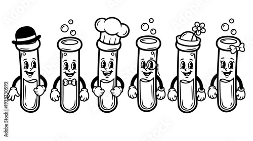 test tube, cute retro cartoon style vector set , white background , PNG and SVG isolate