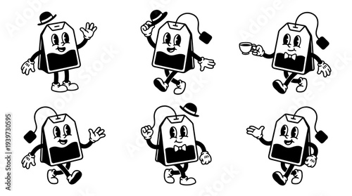 tea bag, cute retro cartoon style vector set , white background , PNG and SVG isolate