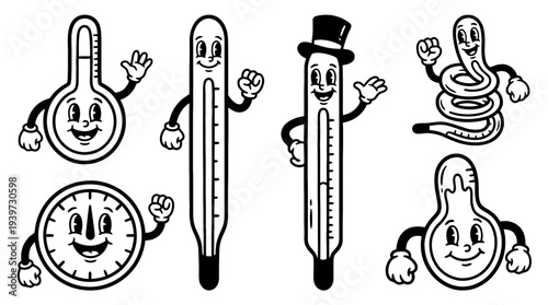 thermometer, cute retro cartoon style vector set , white background , PNG and SVG isolate