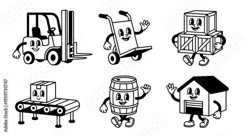 warehouse, cute retro cartoon style vector set , white background , PNG and SVG isolate