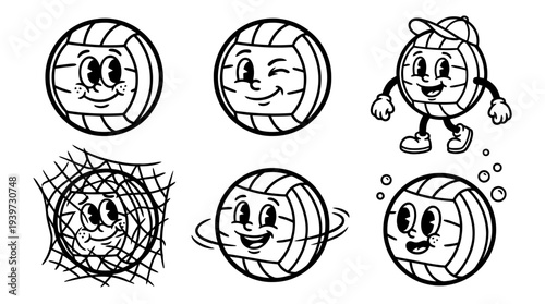 water polo ball, cute retro cartoon style vector set , white background , PNG and SVG isolate