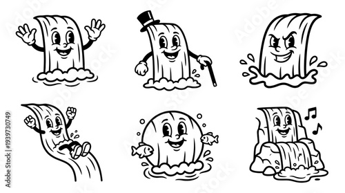 waterfall, cute retro cartoon style vector set , white background , PNG and SVG isolate