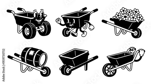 wheelbarrow, cute retro cartoon style vector set , white background , PNG and SVG isolate