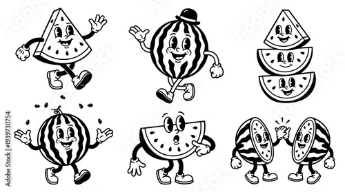 watermelon, cute retro cartoon style vector set , white background , PNG and SVG isolate