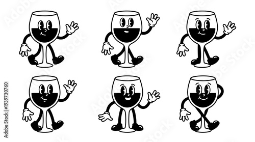 wine glass, cute retro cartoon style vector set , white background , PNG and SVG isolate