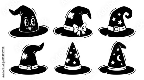 witch hat, cute retro cartoon style vector set , white background , PNG and SVG isolate