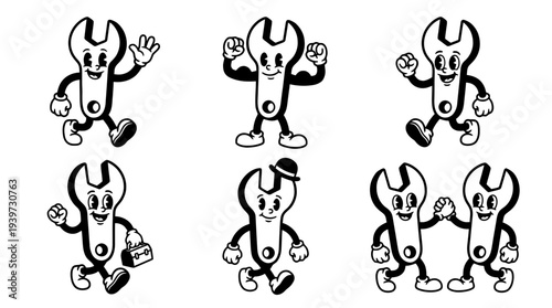 wrench, cute retro cartoon style vector set , white background , PNG and SVG isolate