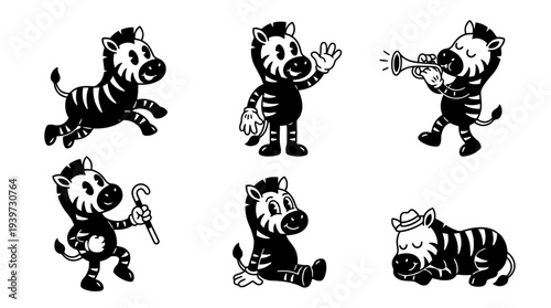 zebra, cute retro cartoon style vector set , white background , PNG and SVG isolate