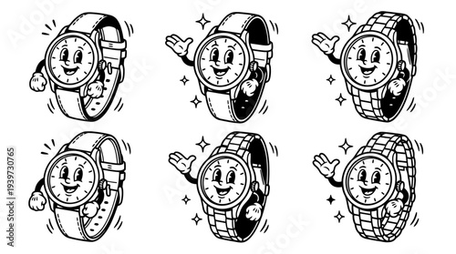 wristwatch, cute retro cartoon style vector set , white background , PNG and SVG isolate