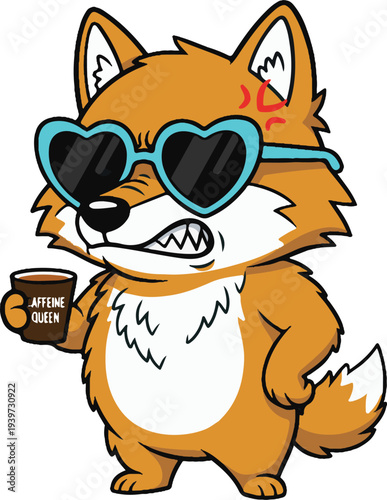 Angry cartoon fox wearing heart sunglasses holding coffee cup