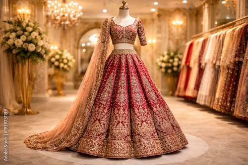 Luxury red and gold embroidered bridal lehenga dress displayed in elegant fashion boutique showroom
