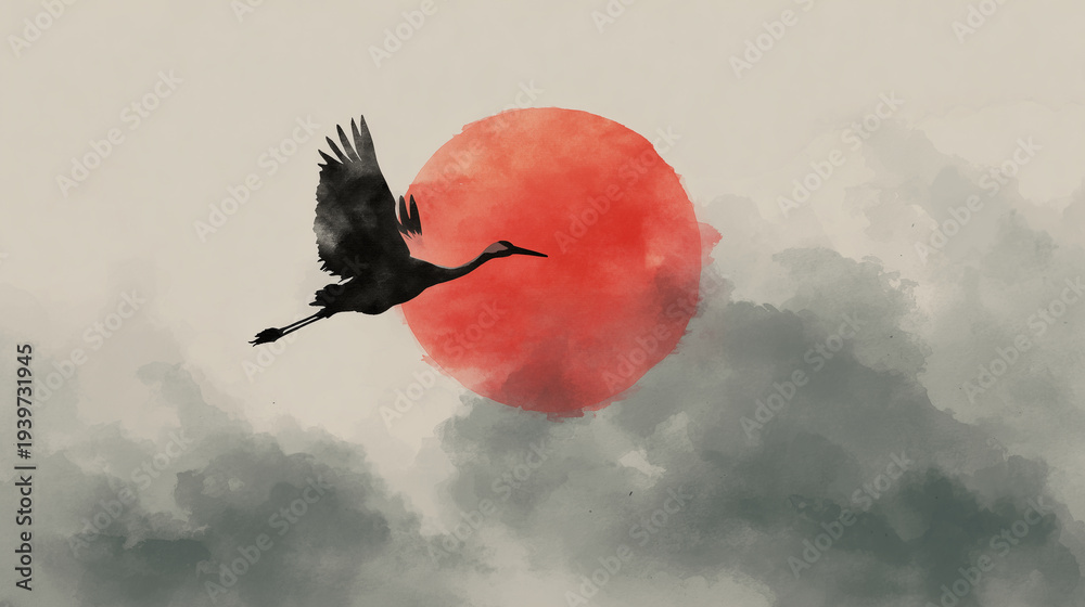 Fototapeta premium Minimalist gallery poster, crane flying across red sun disk, soft ink-wash clouds, strong contrast silhouette, refined zen aesthetic