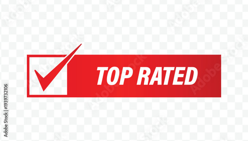 Red top rated checklist flat design label for user reviews, popular rankings, and retail stickers.