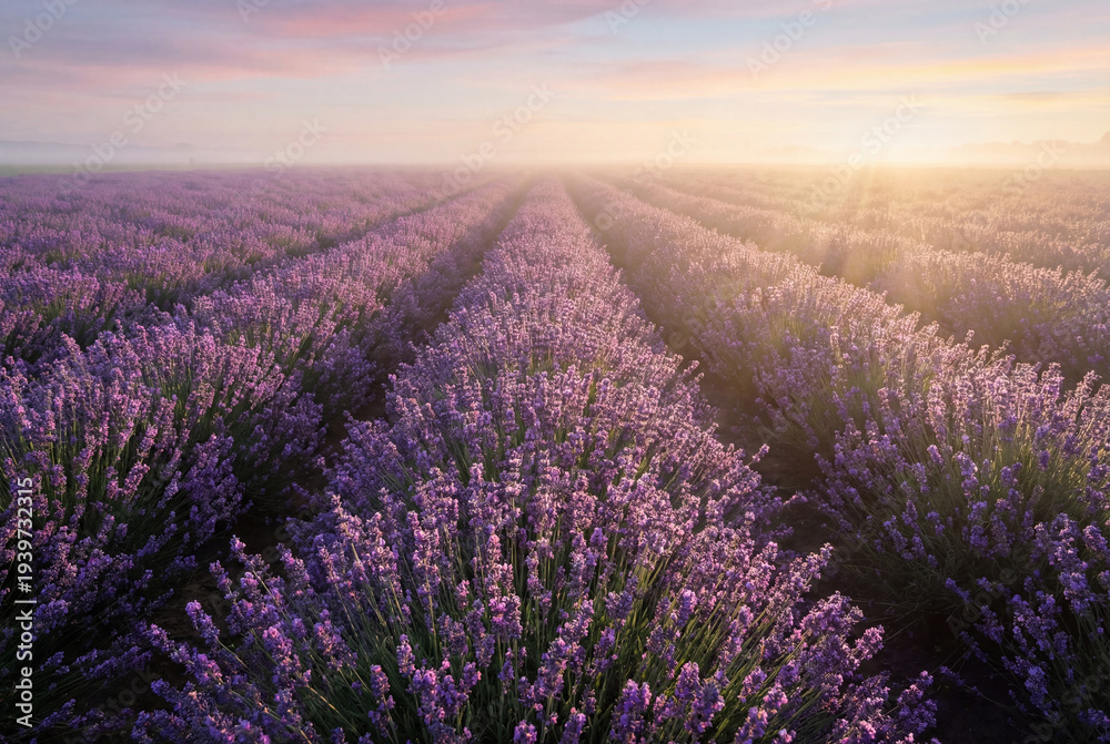 Obraz premium Blooming lavender field rows at sunrise with soft light