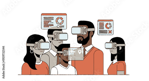 Diverse group of people wearing vr headsets with digital screens and graphs floating above them in modern tech environment