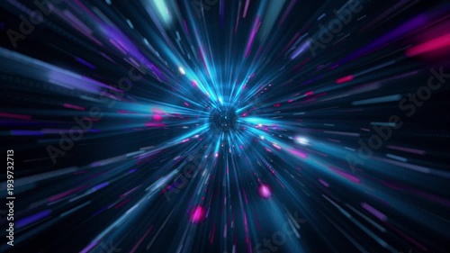 Dynamic futuristic sci-fi background with neon energy light beams zoom effect. Flying at hyperspace warp speed through a galaxy of stars and particles or a space energy portal. Full HD loop.