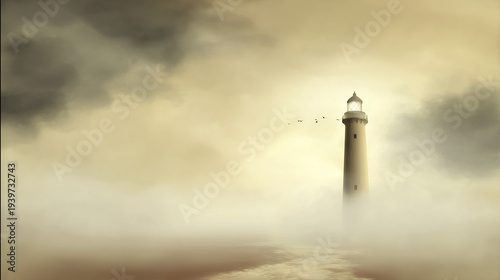 Lighthouse standing alone in misty coastal landscape