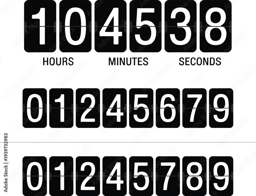 Obraz premium Flip Clock Digits and Numbers in White on Black Background 