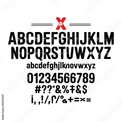 Black Distressed Font Alphabet Numbers and Symbols on White Background letters uppercase