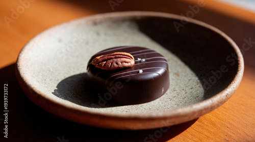 Chocolate-covered peanut on ceramic plate