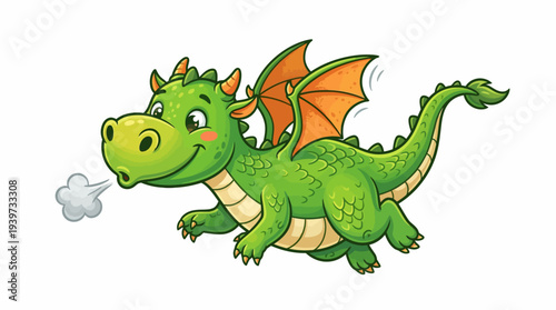 Cute Green Cartoon Dragon Flying with Orange Wings Illustration