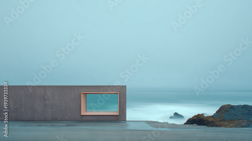 Modern architectural structure with window overlooking misty ocean scene