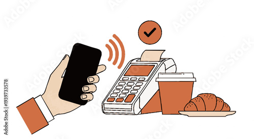 Hand holding smartphone near card machine with coffee and croissant on white background contactless payment modern transaction digital