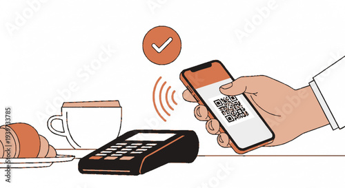 Hand holding smartphone with qr code near card machine coffee and croissant on table digital payment illustration