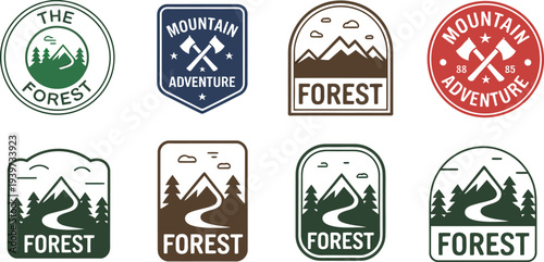 Collection of forest and mountain adventure themed logos and badges  