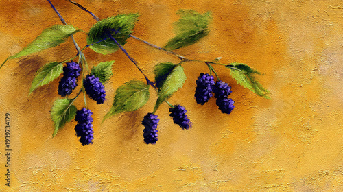 Close-up of Purple Grapes on Green Vine Against Golden Background