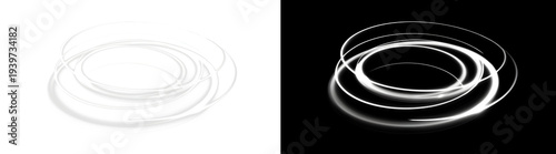 Abstract glowing white light rings and dynamic motion trails with sparkles isolated on black. Futuristic energy swirl effect for graphic design and overlays.