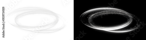 Abstract glowing white light rings and dynamic motion trails with sparkles isolated on black. Futuristic energy swirl effect for graphic design and overlays.