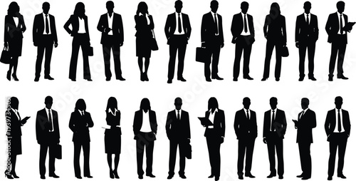 Business professionals silhouettes, corporate attire, office workers, men women figures, standing postures, holding briefcases folders tablets, professional gestures, vector illustration pack