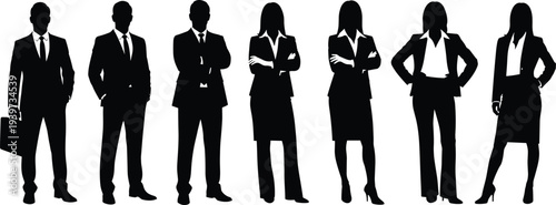 Business silhouettes, corporate attire, office workers, men women figures, suits ties skirts blazers, professional postures, teamwork diversity, vector illustration pack