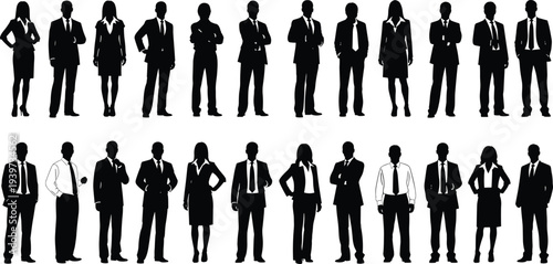 Business professional silhouettes, corporate executives, office workers, teamwork collaboration