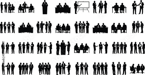 Large collection of business people silhouettes in formal suits, corporate workers meeting, giving presentations, working at desks and collaborating in office