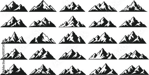 Set of mountain silhouettes with snow peaks, mountain range icons for outdoor adventure, hiking, climbing, camping and nature travel design elements