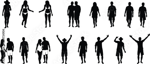 Human silhouettes, casual poses, couples standing walking, swimsuits casual clothing, raised arms gestures, diverse figures, posture collection, vector illustration pack