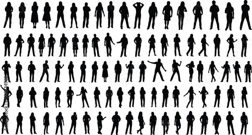 Human silhouettes, standing poses, diverse gestures, male female figures, adult youth postures, clothing variety, body language study, posture collection, vector illustration pack