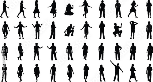 Human silhouettes, diverse poses, walking standing dancing pointing crouching, expressive gestures, male female figures, clothing variety, posture collection, vector illustration pack