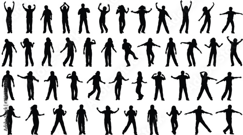 Human silhouettes, dynamic poses, dancing expressive gestures, diverse stances, male female figures, movement collection, body language, posture variety, vector illustration pack