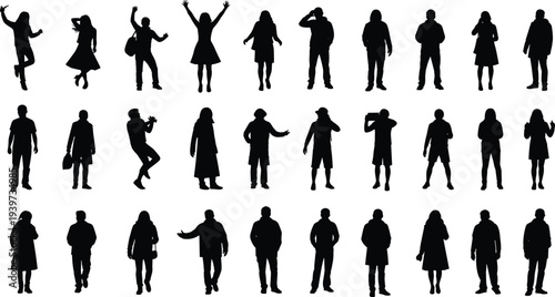 Human silhouettes, casual dynamic poses, standing dancing jumping gestures, male female figures, holding bags phones, diverse postures, vector illustration pack