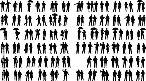 Human silhouettes, social interactions, standing walking talking gestures, holding umbrellas, diverse male female figures, posture collection, body language, vector illustration pack