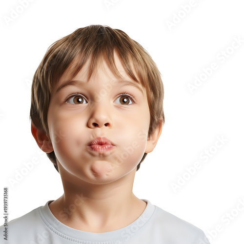 Close-up portrait of a young boy with his lips puckered as if about to blow a kiss