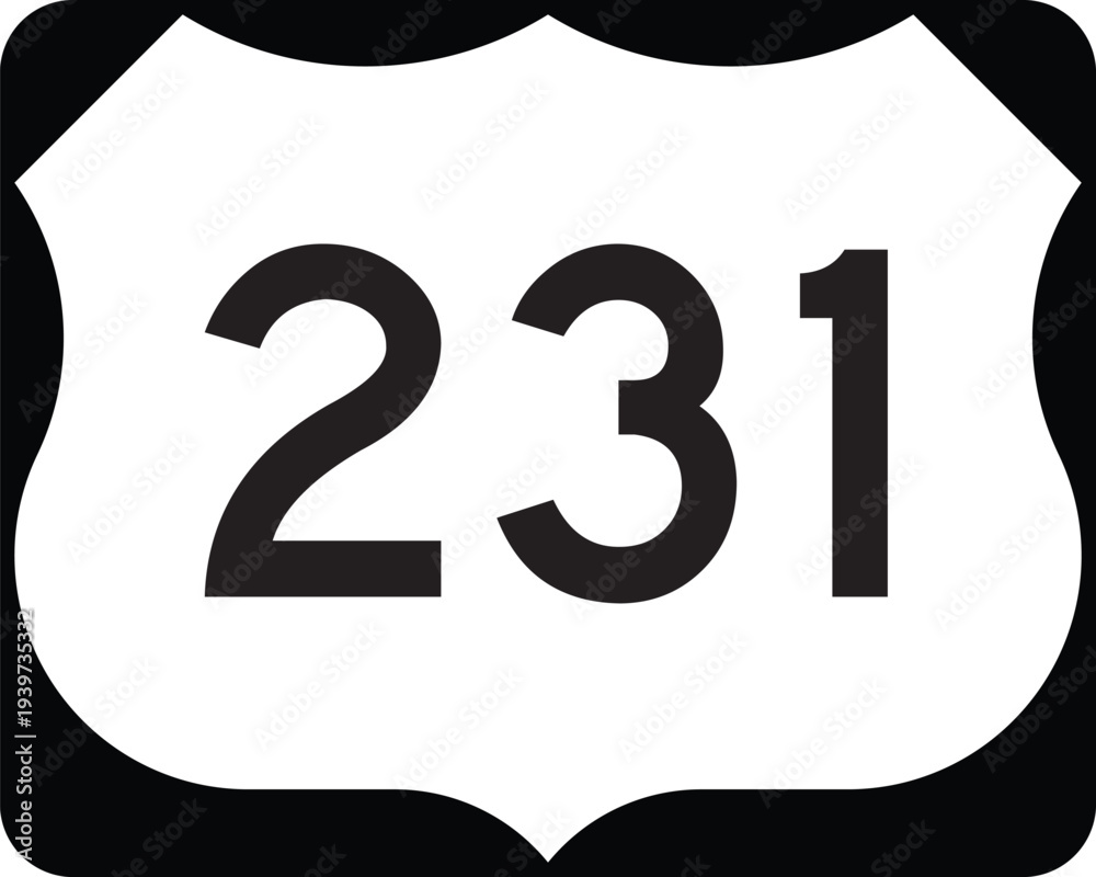 US Route 231 Highway Shield Icon Emblem Badge Design White on Black United States Numbered Highway System Vector