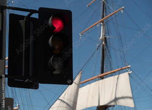 raffic Light and Historic Ship Mast in San Diego Harbor