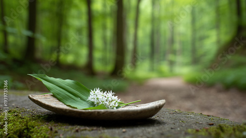 White flowers on wooden plate in a serene forest setting