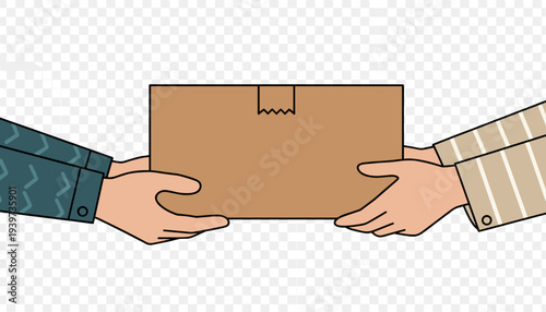 vector of hands exchanging a cardboard package, symbolizing secure parcel delivery, e-commerce transactions, and reliable shipping logistics on a transparent background