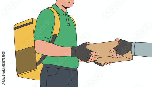 vector of a delivery person wearing a yellow backpack uniform, handing a small cardboard package to a customer, representing express shipping and e-commerce logistics