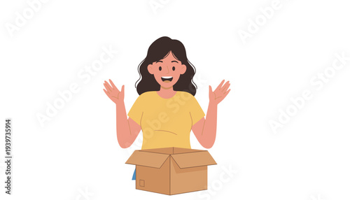 vector of a happy woman with open arms, looking surprised and pleased, standing behind an open cardboard box, symbolizing exciting package unboxing and online shopping experience